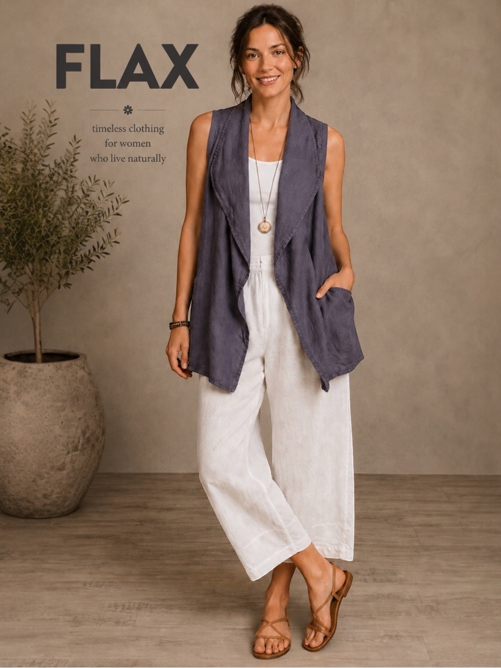 FLAX Linen Gray Open Front Drape Vest Sleeveless Side Pockets Resort Wear Small